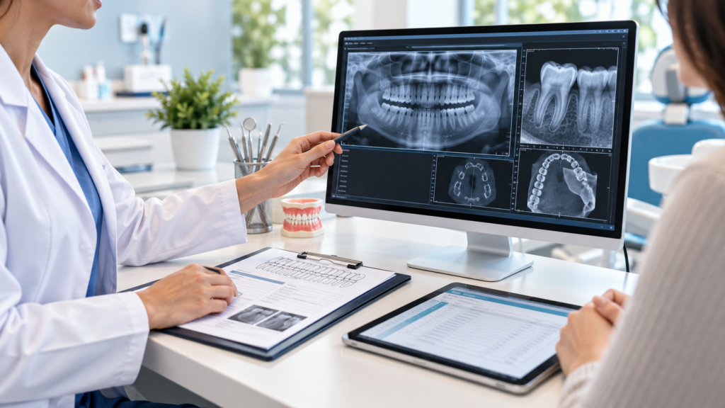 Dentist reviewing dental records and digital X-rays after a possible dental injury